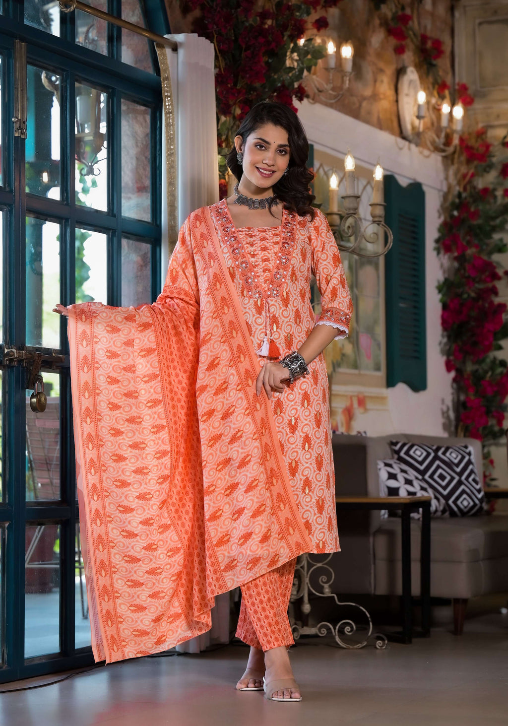 Multicolor lace embroidered and printed rayon kurta set with matching pant and dupatta