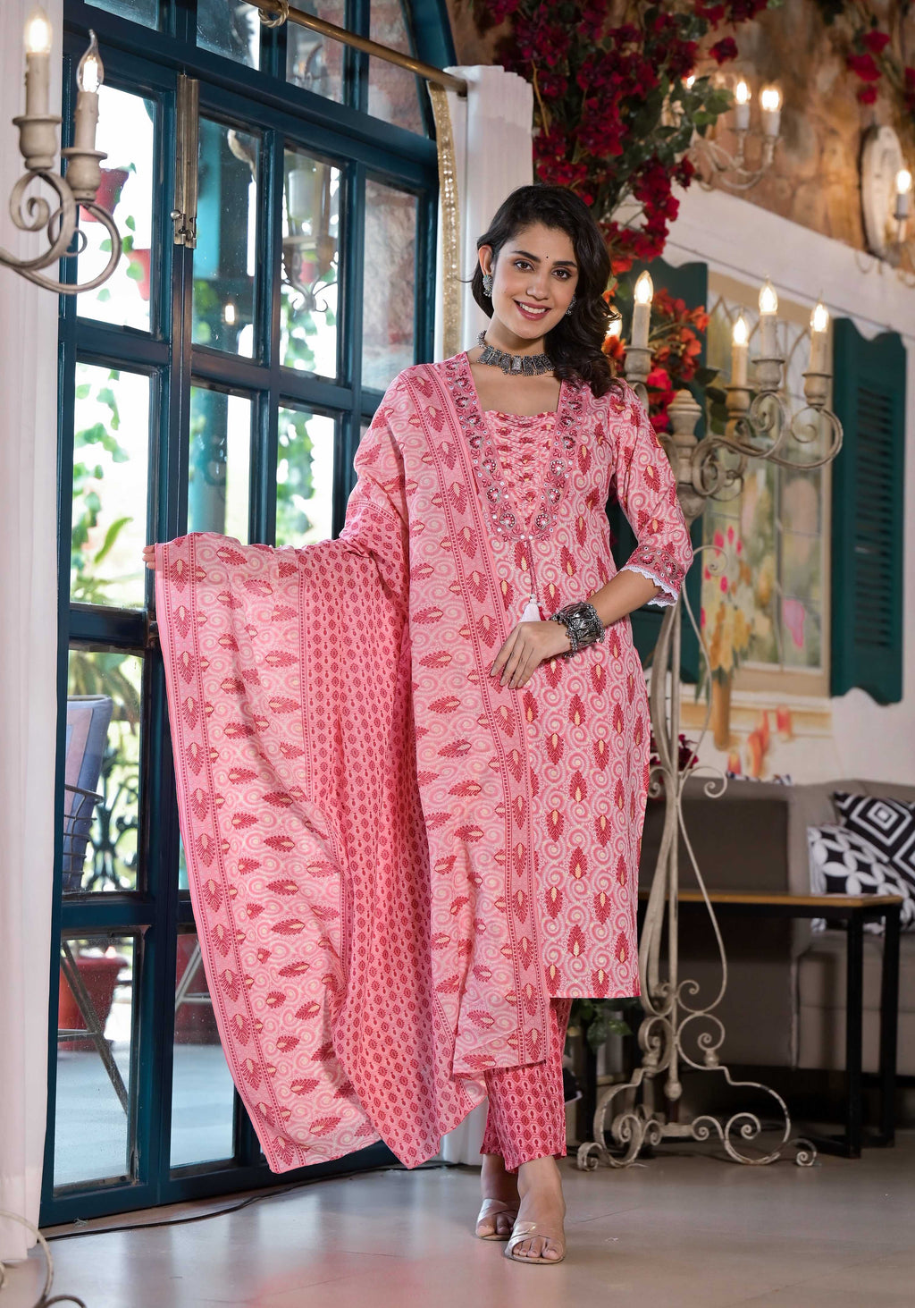 Lace Embroidered Printed Rayon Kurta Set with Pant and Dupatta