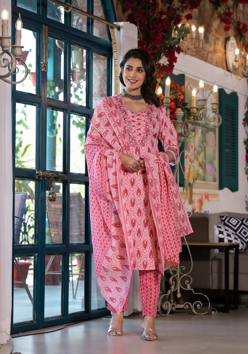Multicolor lace embroidered and printed rayon kurta set with matching pant and dupatta