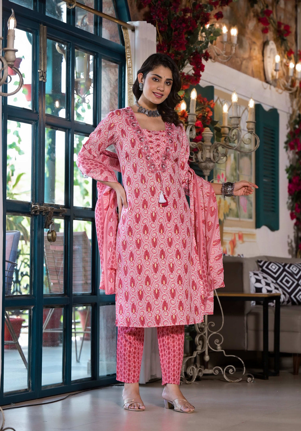 Lace Embroidered Printed Rayon Kurta Set with Pant and Dupatta