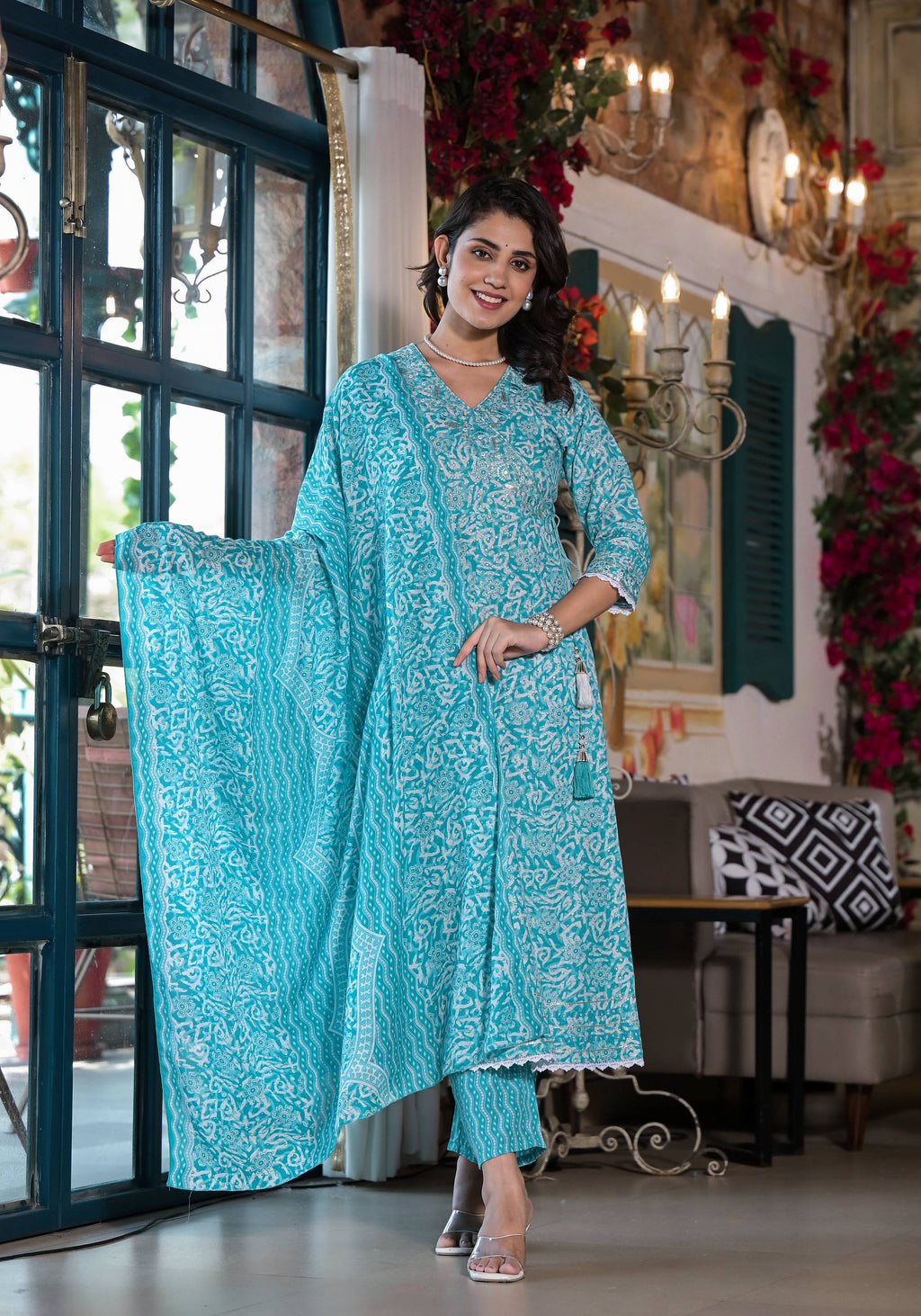 Blue Angrakha style cotton kurta with printed details and matching dupatta