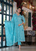 Blue Angrakha style cotton kurta with printed details and matching dupatta