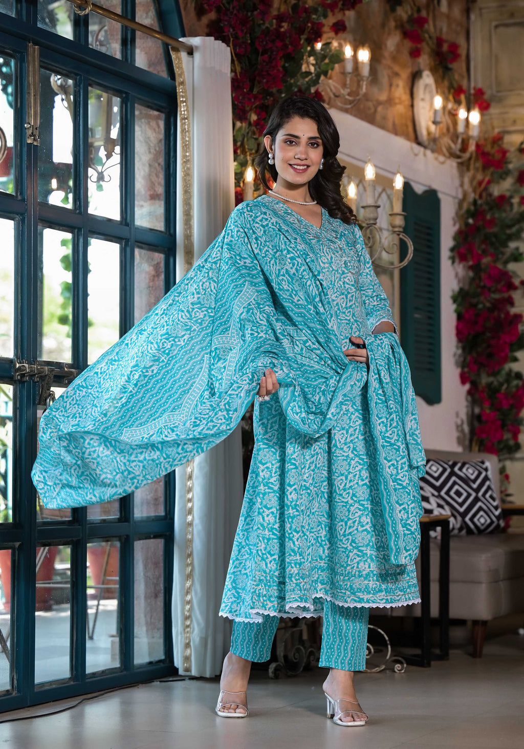 Blue Angrakha Style Embroidered & Printed Kurta Set