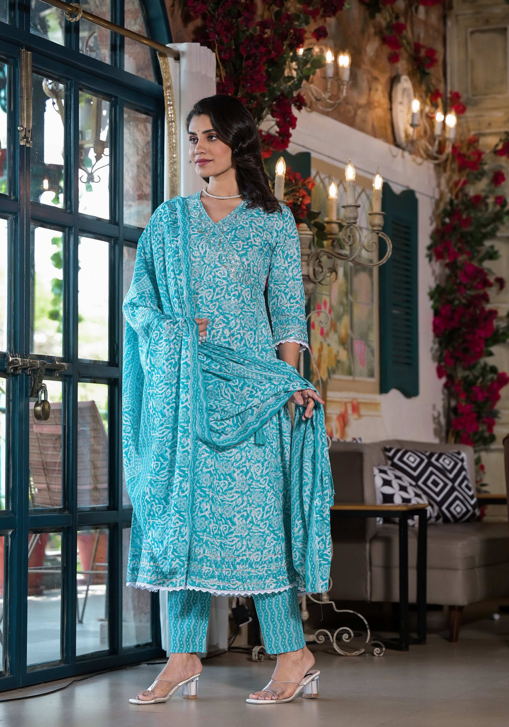 Blue Angrakha Style Embroidered & Printed Kurta Set