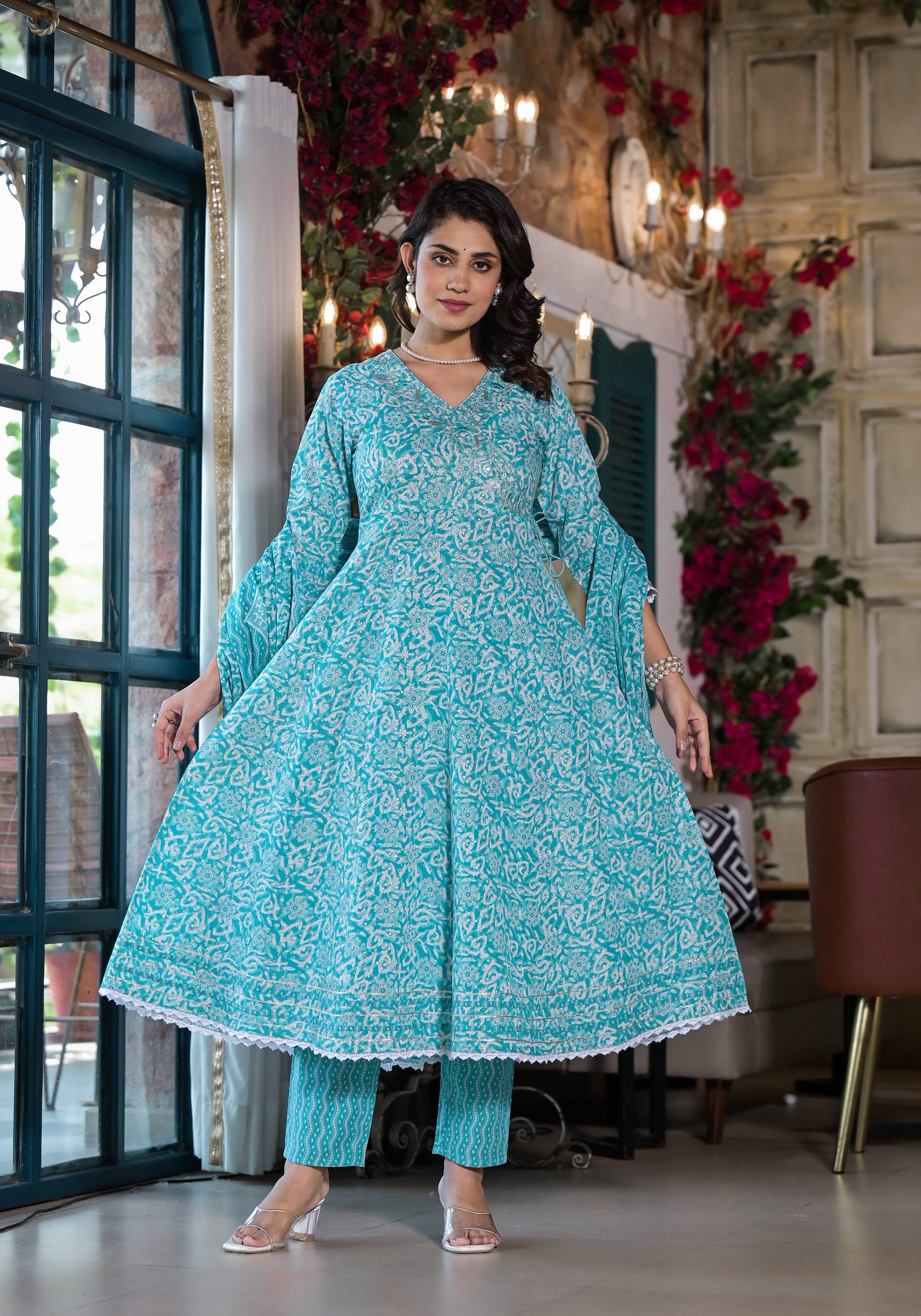 Blue Angrakha Style Embroidered & Printed Kurta Set