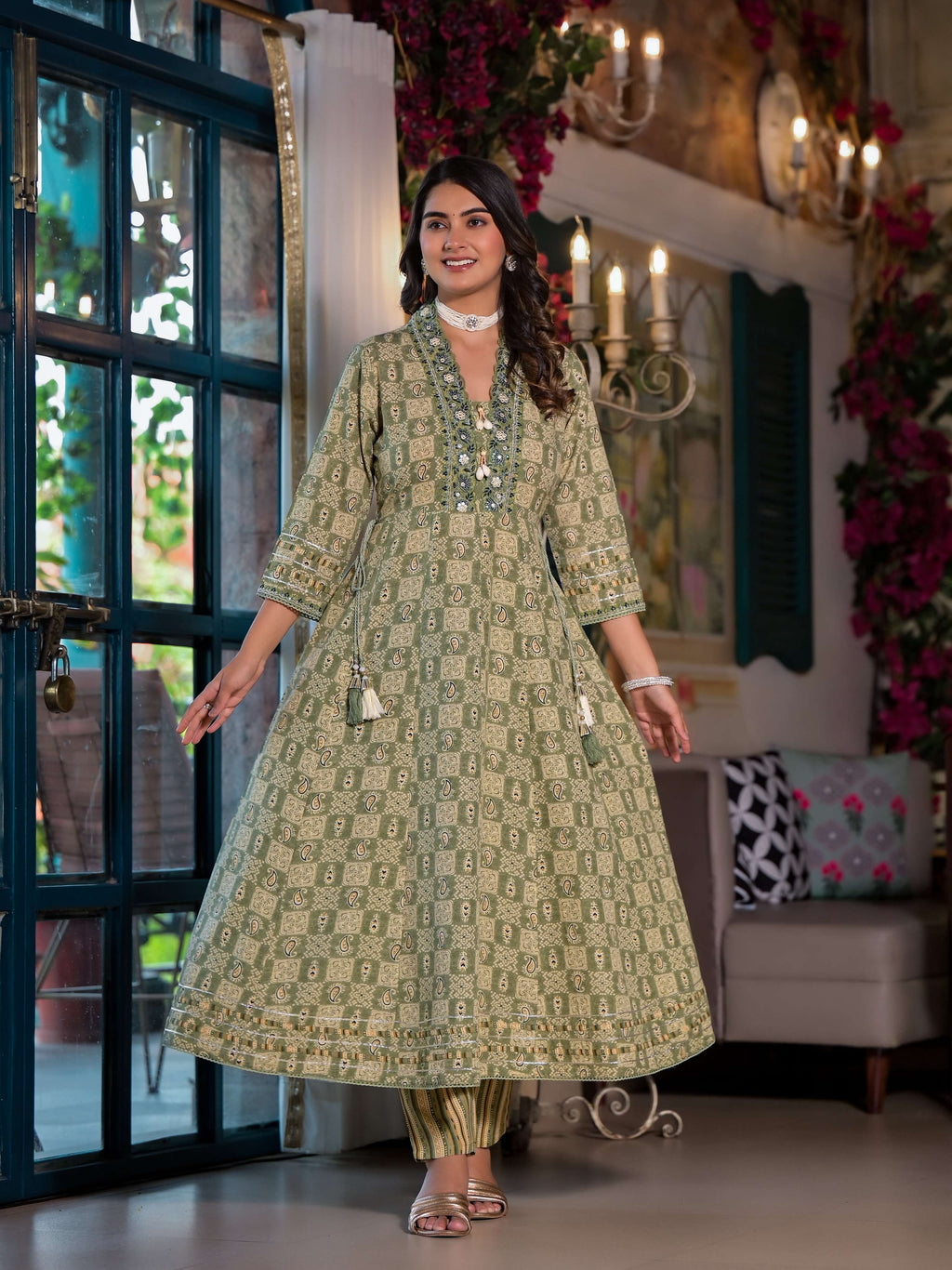 Embroidered and Printed Green Flared Kurta Set with Dupatta