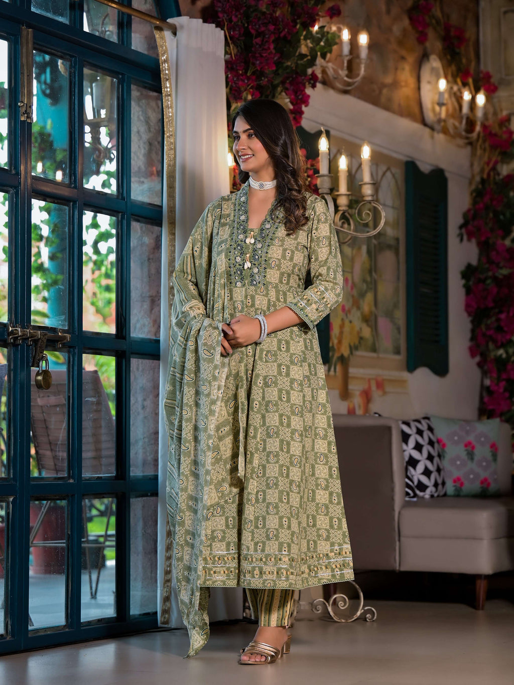 Embroidered and Printed Green Flared Kurta Set with Dupatta