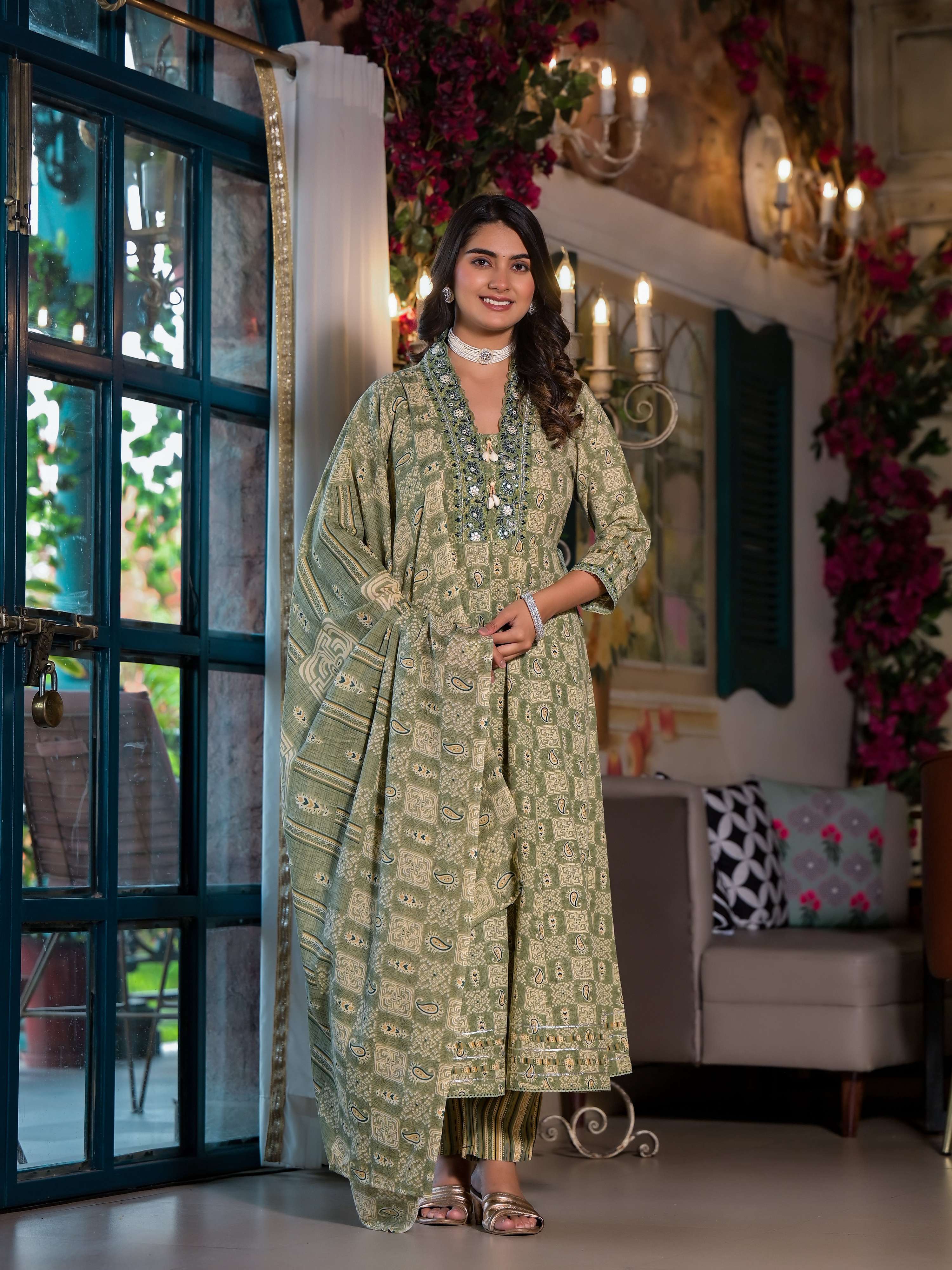 Embroidered and Printed Green Flared Kurta Set with Dupatta
