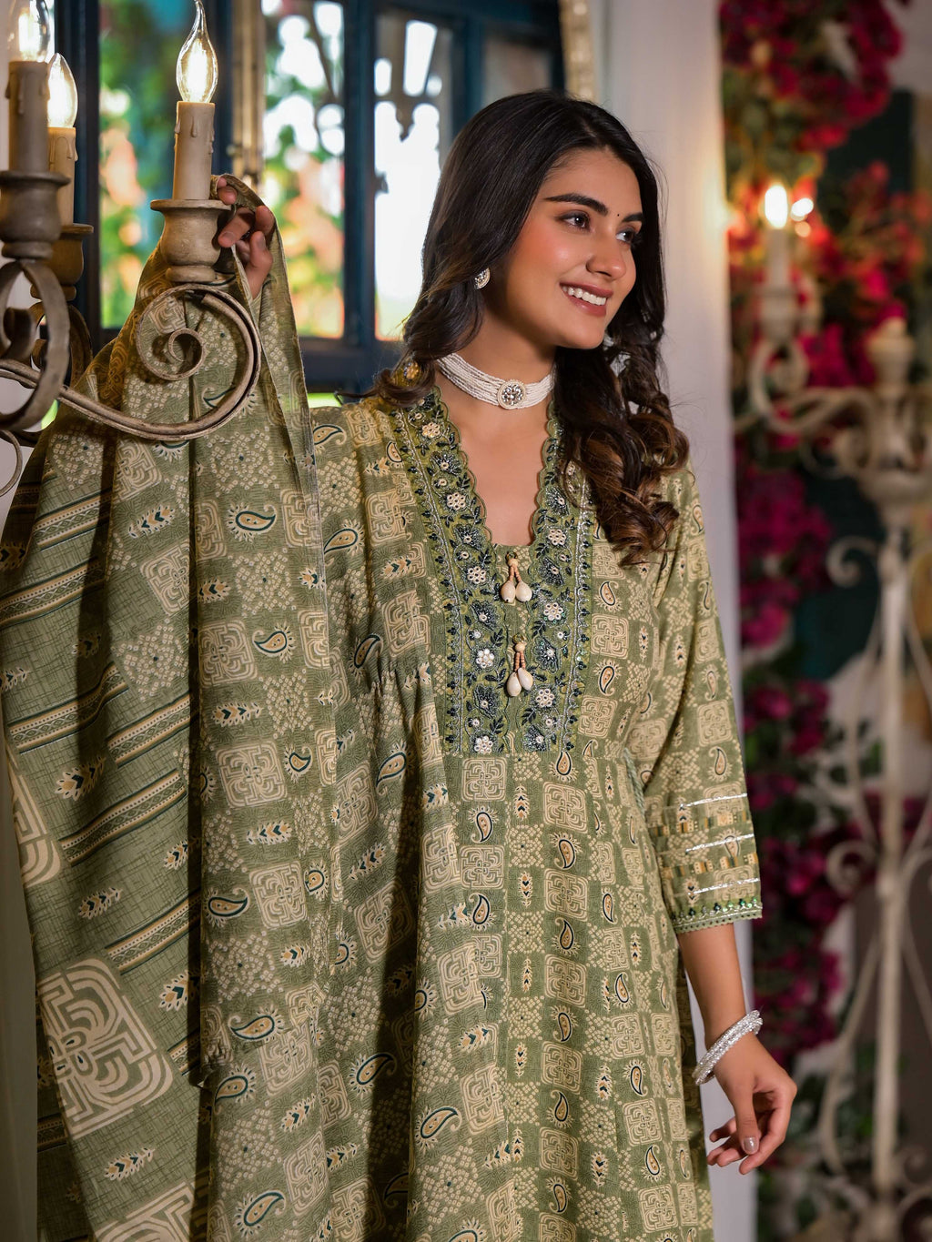 Green cotton flared kurta with embroidery and print, including pants and matching dupatta