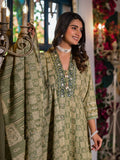 Green cotton flared kurta with embroidery and print, including pants and matching dupatta