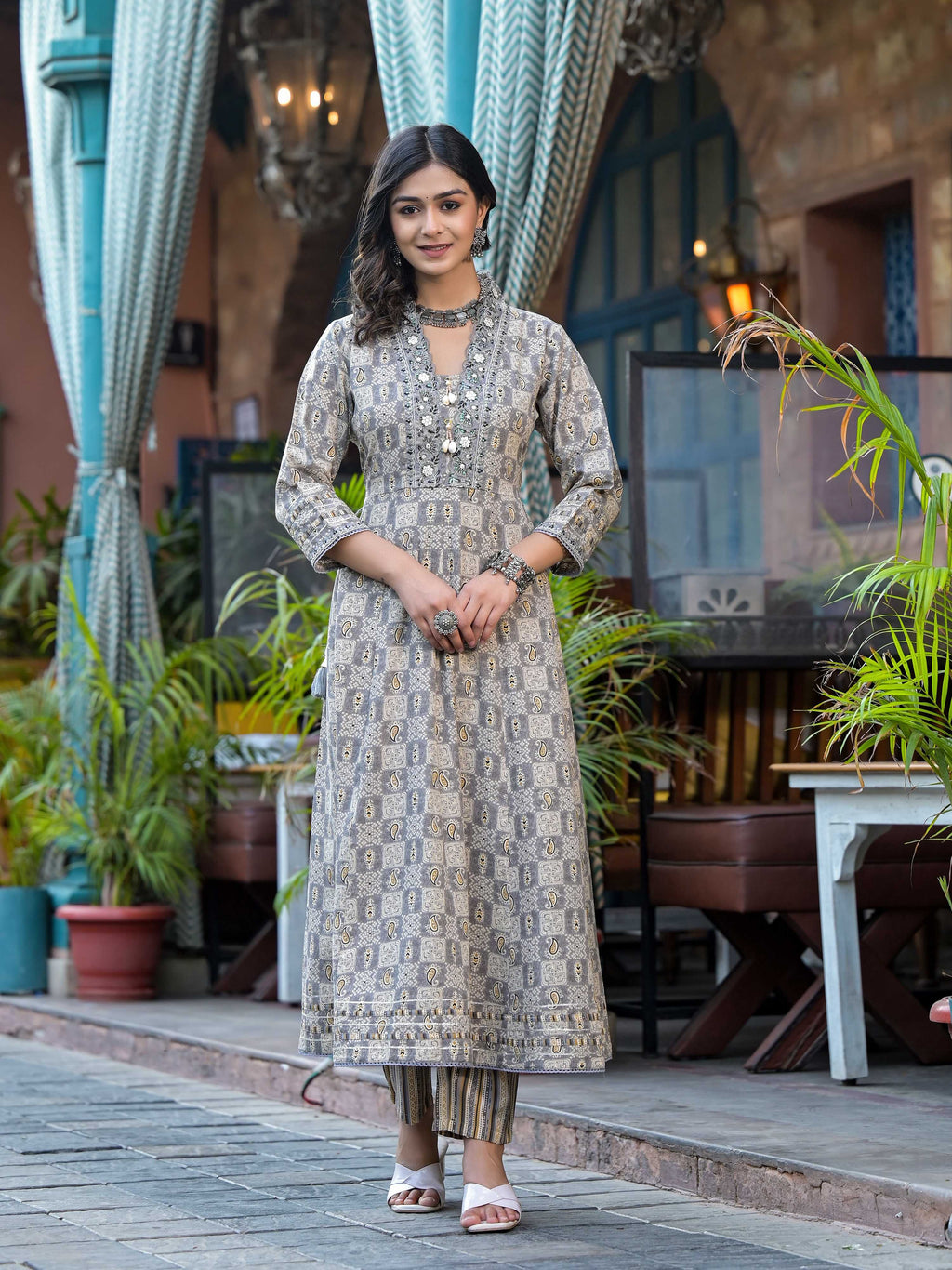 Grey Embroidered & Printed Flared Kurta Set with Pant and Dupatta