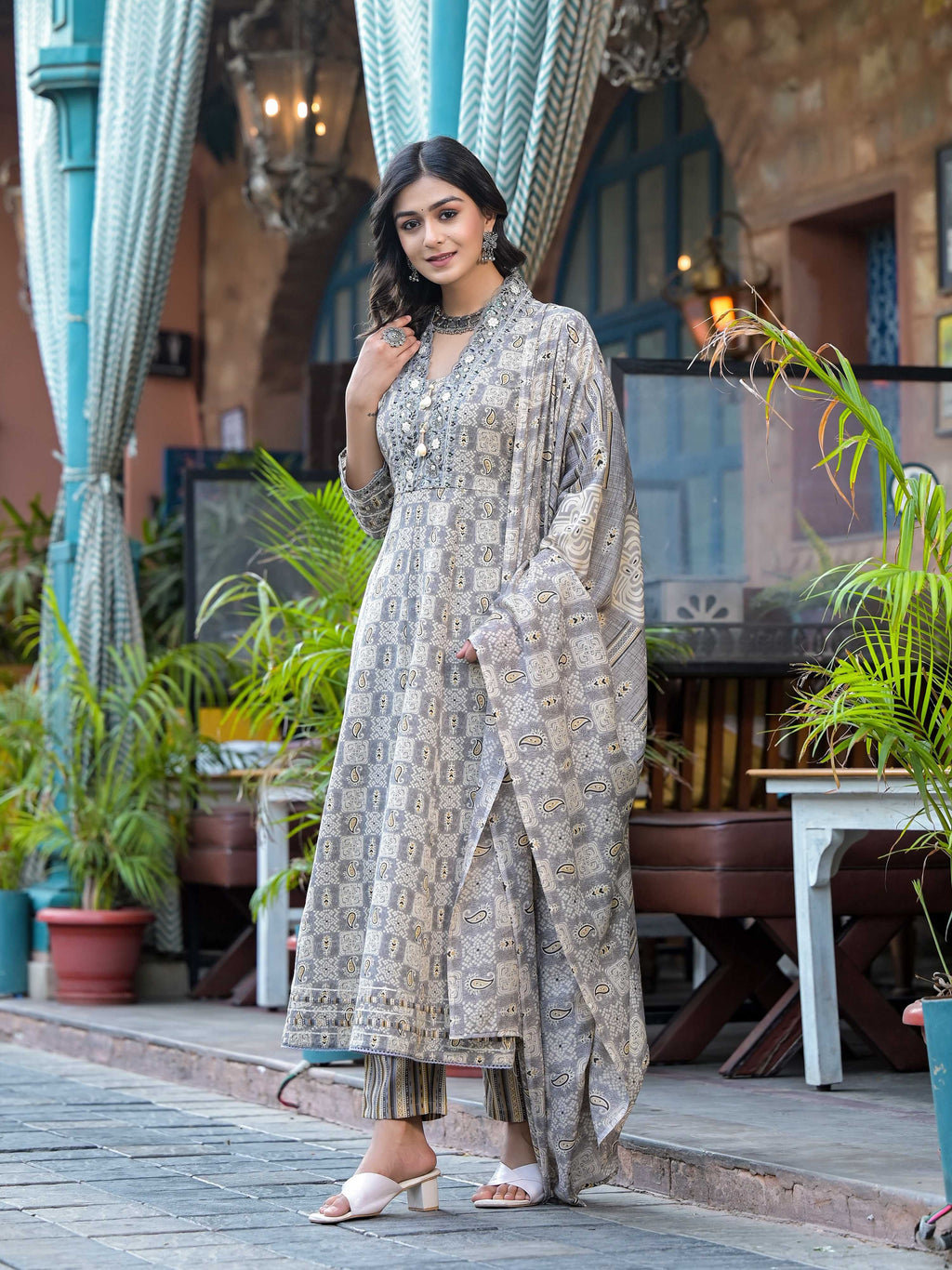 Grey Embroidered & Printed Flared Kurta Set with Pant and Dupatta