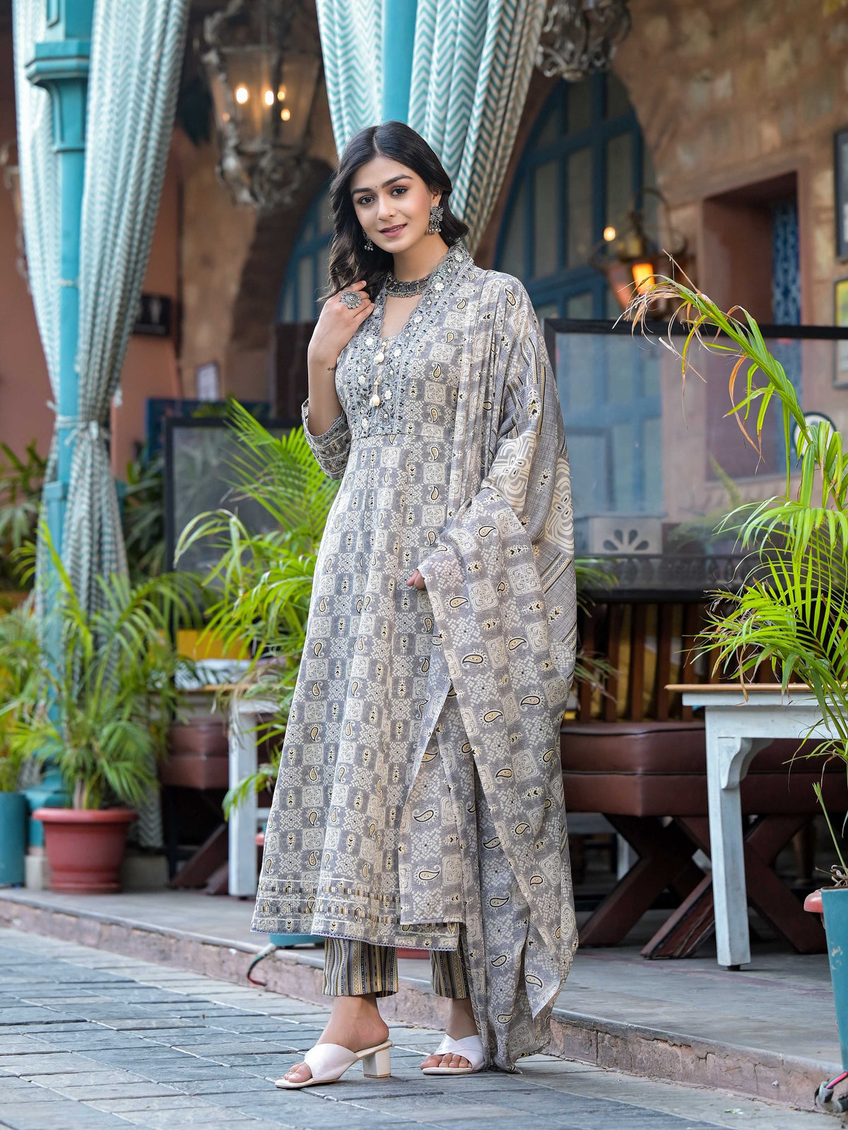 Grey Embroidered & Printed Flared Kurta Set with Pant and Dupatta
