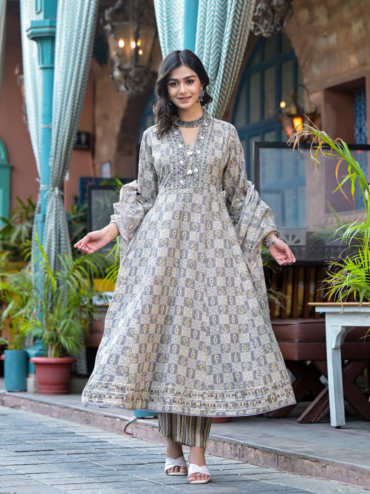 Grey Embroidered & Printed Flared Kurta Set with Pant and Dupatta