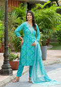 Blue Bandhani printed kurta with applique embroidery and matching dupatta