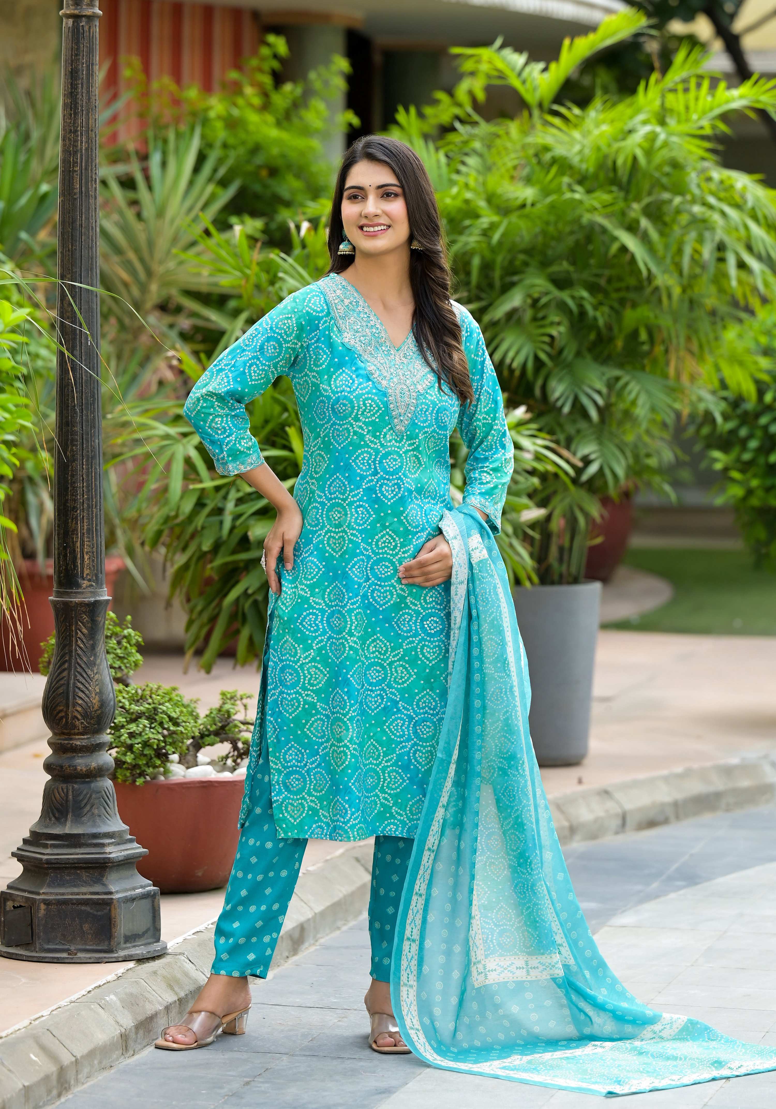 Blue Bandhani printed kurta with applique embroidery and matching dupatta