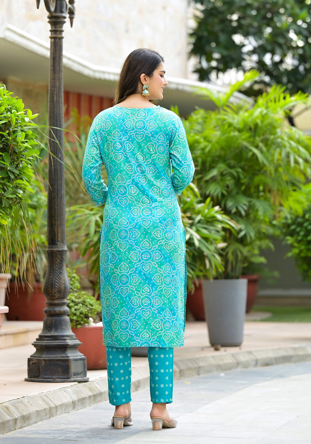 Blue Applique Embroidered Bandhani Printed Kurta Set