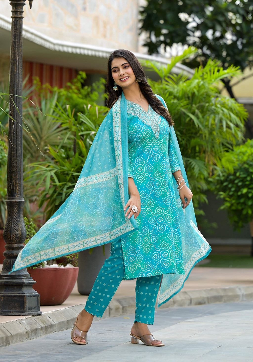 Blue Applique Embroidered Bandhani Printed Kurta Set