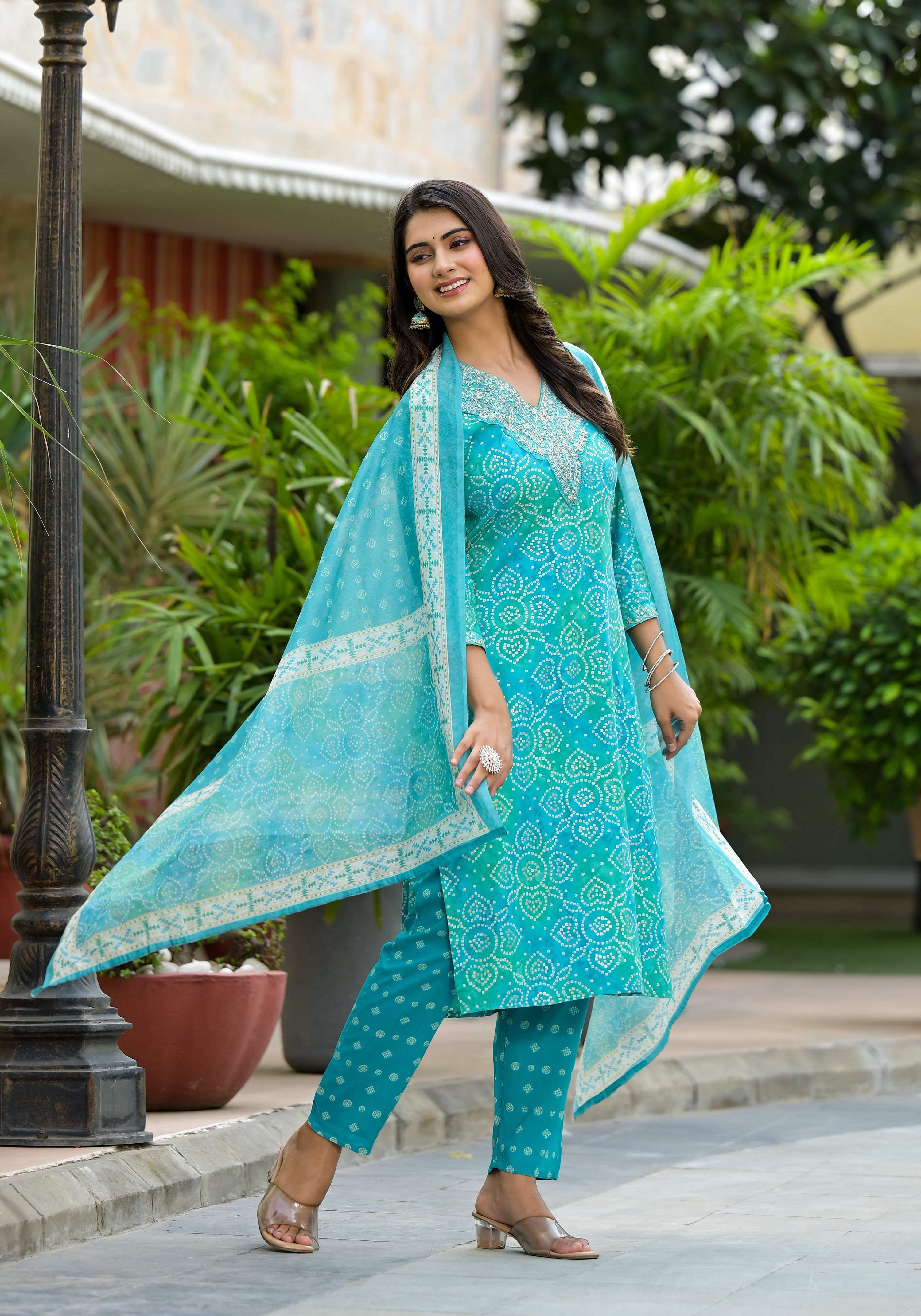 Blue Applique Embroidered Bandhani Printed Kurta Set