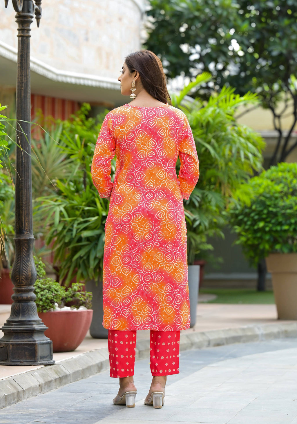 Orange Bandhani Print Kurta Set with Applique Embroidery & Dupatta