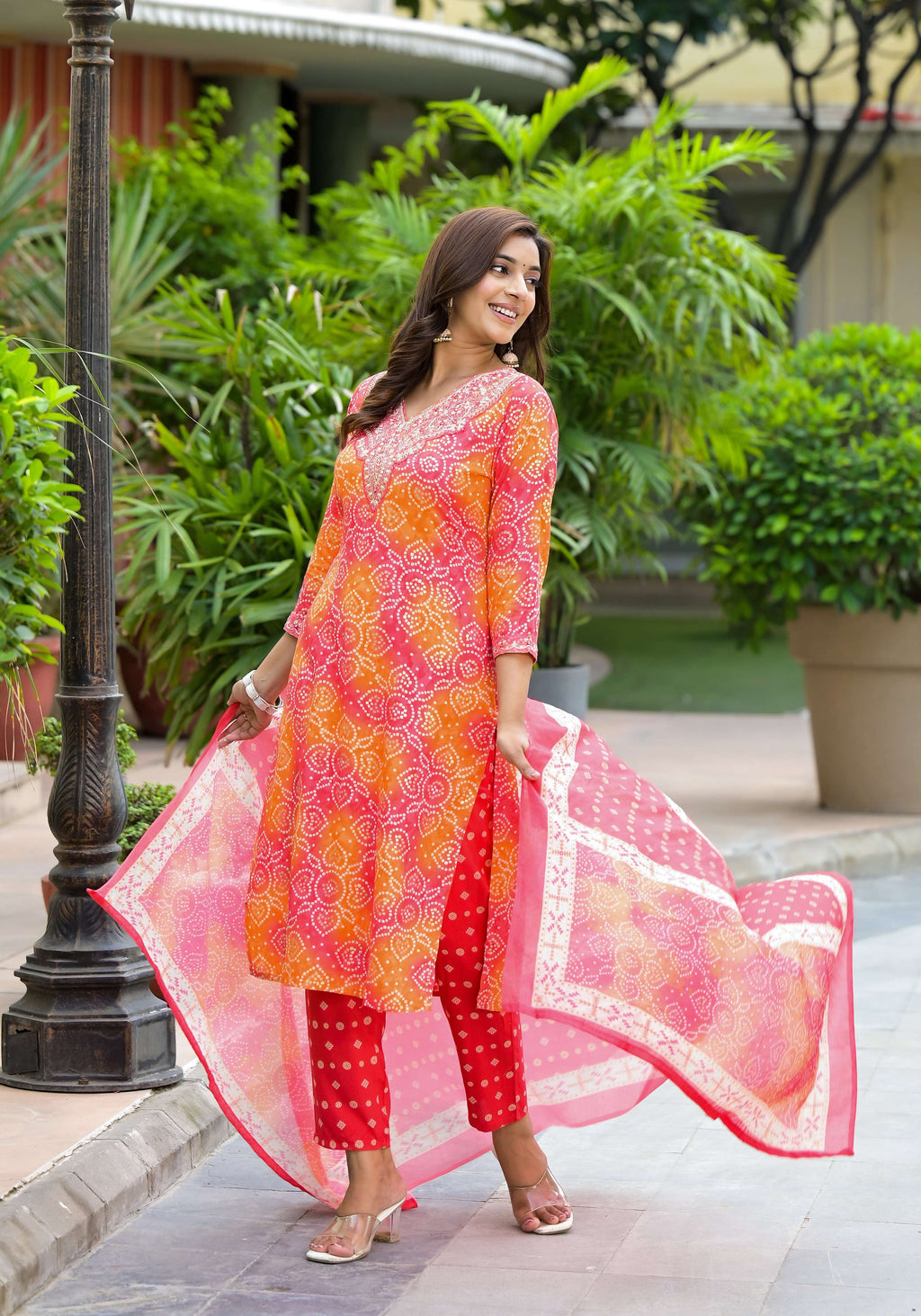Orange Bandhani Print Kurta Set with Applique Embroidery & Dupatta