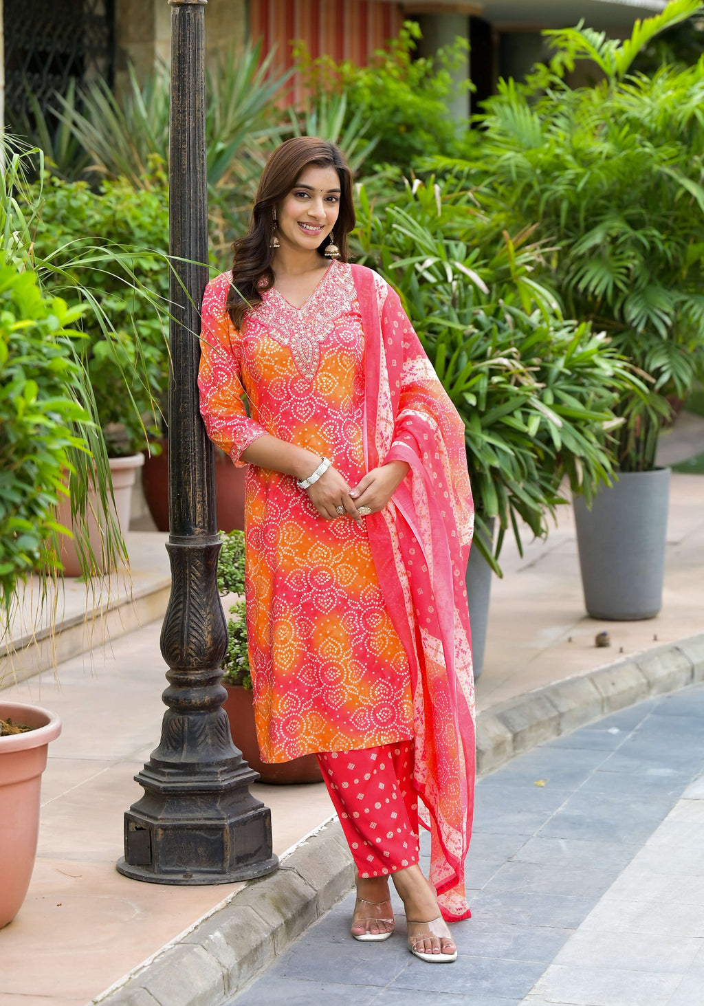 Orange Bandhani Print Kurta Set with Applique Embroidery & Dupatta