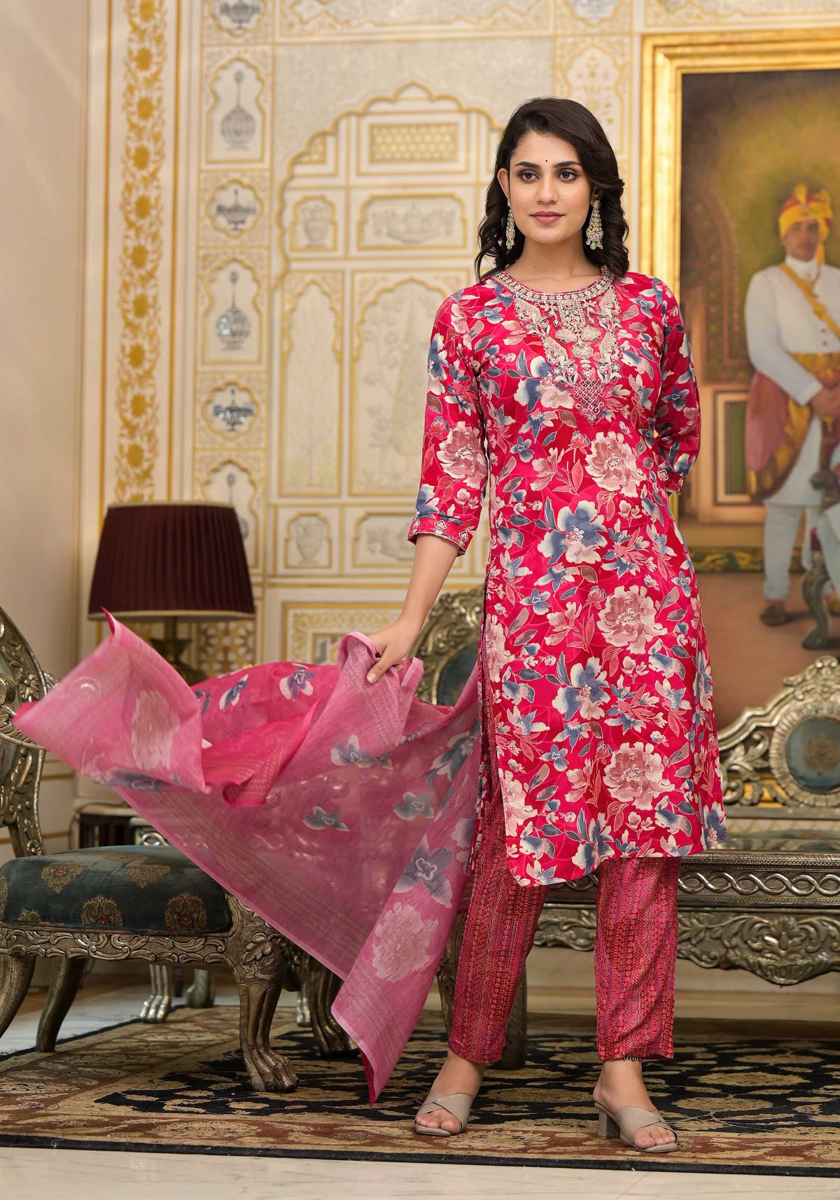 Pink Applique Embroidered Floral Kurta Set with Dupatta