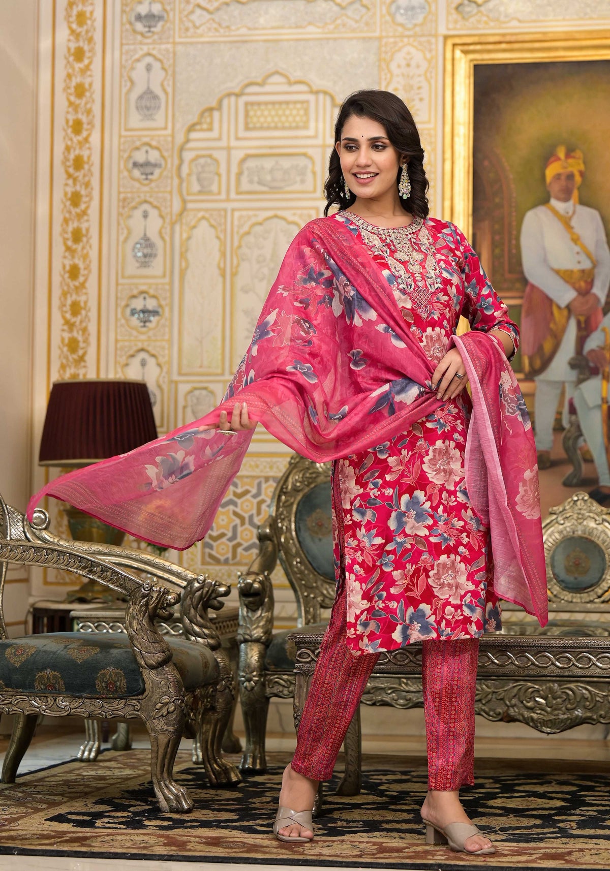 Pink Applique Embroidered Floral Kurta Set with Dupatta