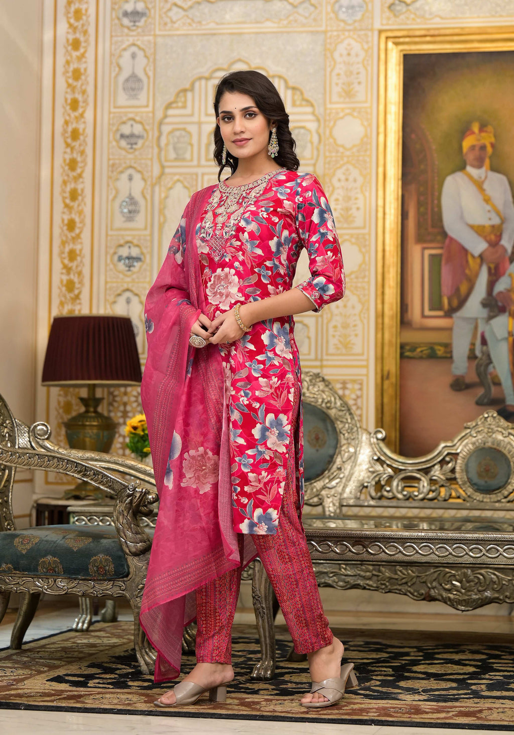Pink Applique Embroidered Floral Kurta Set with Dupatta