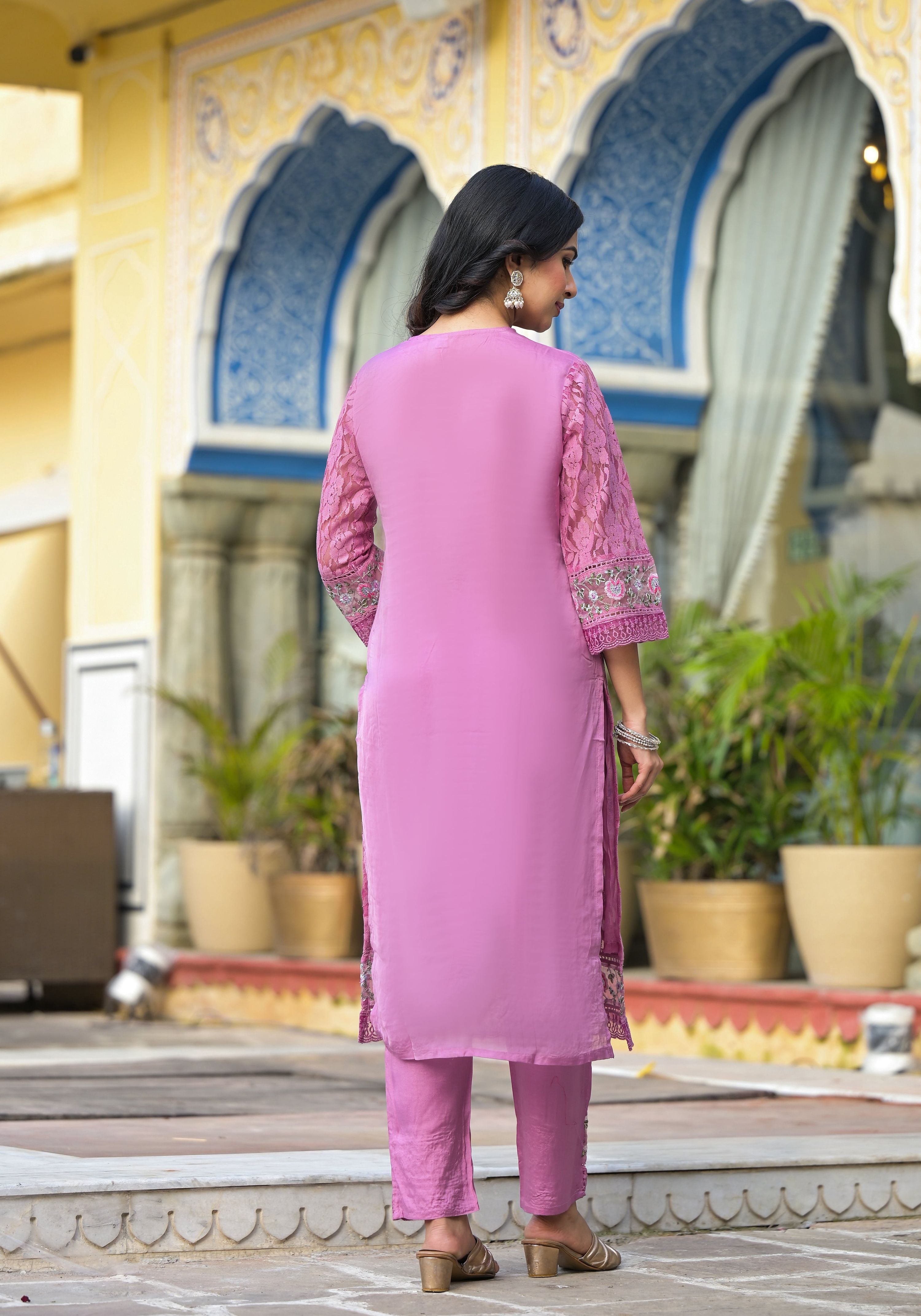 Lavender Embroidered Net Kurta Set with Lace Dupatta & Pants