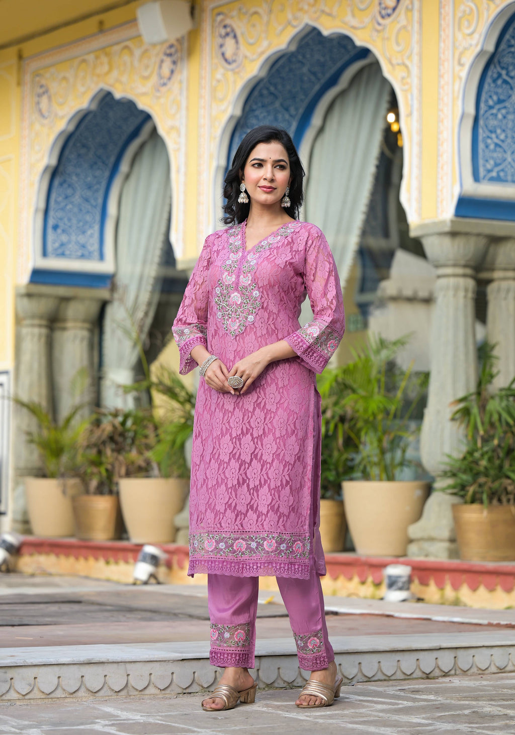 Lavender Embroidered Net Kurta Set with Lace Dupatta & Pants