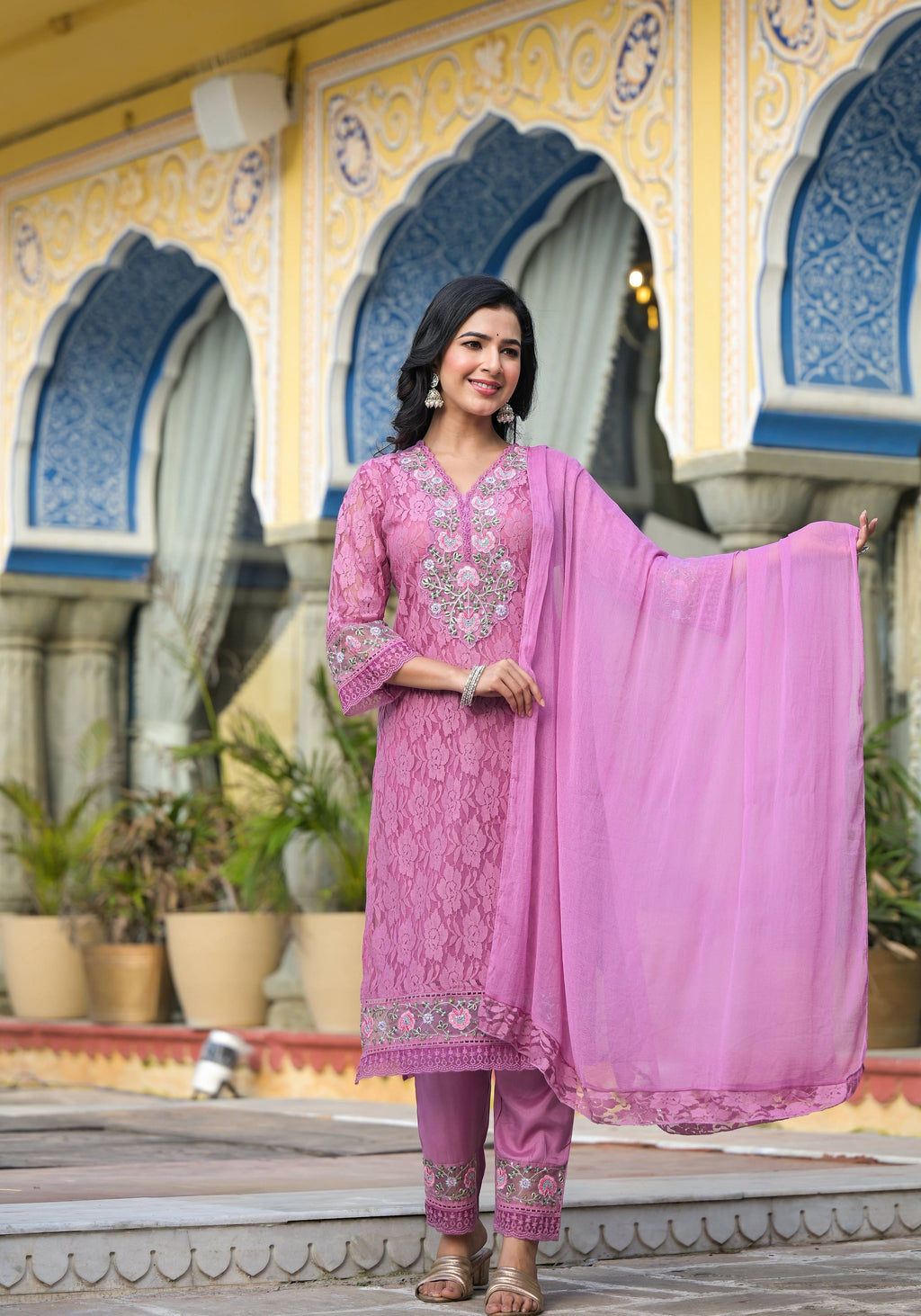 Lavender Embroidered Net Kurta Set with Lace Dupatta & Pants
