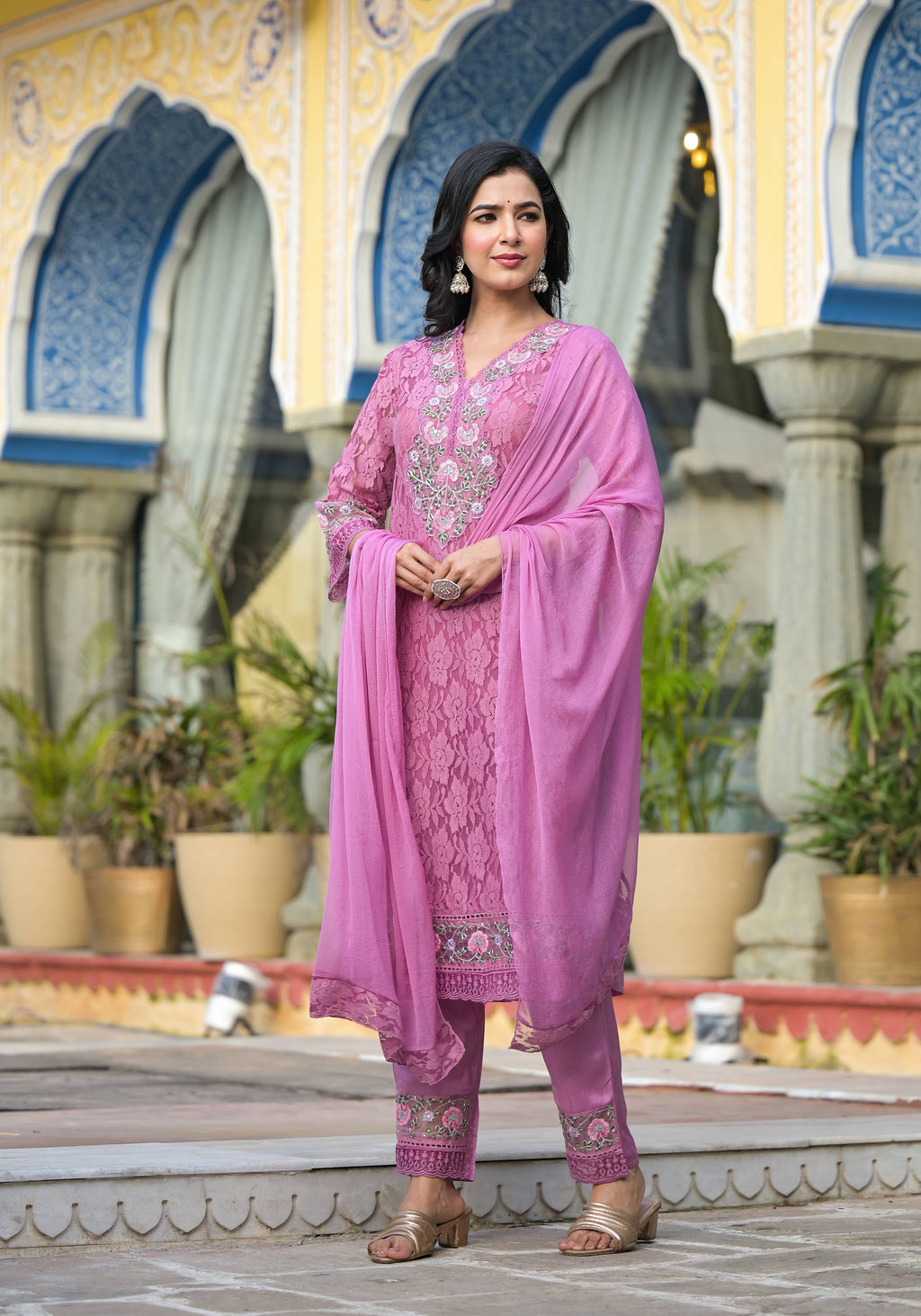 Lavender Embroidered Net Kurta Set with Lace Dupatta & Pants
