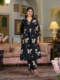 Black cotton kurta with floral print, embroidered neckline, and palazzo pants
