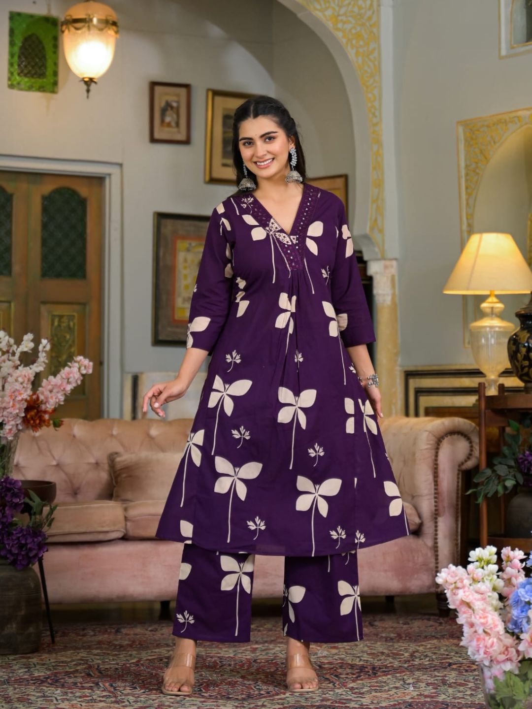 Violet Floral Printed Kurta with Palazzo Set - Cotton Ethnic Wear