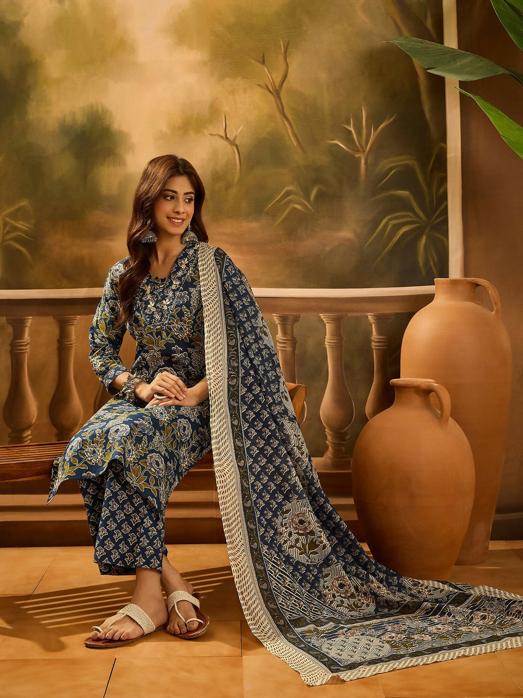 Navy Blue Printed Pure Cotton Kurta Set