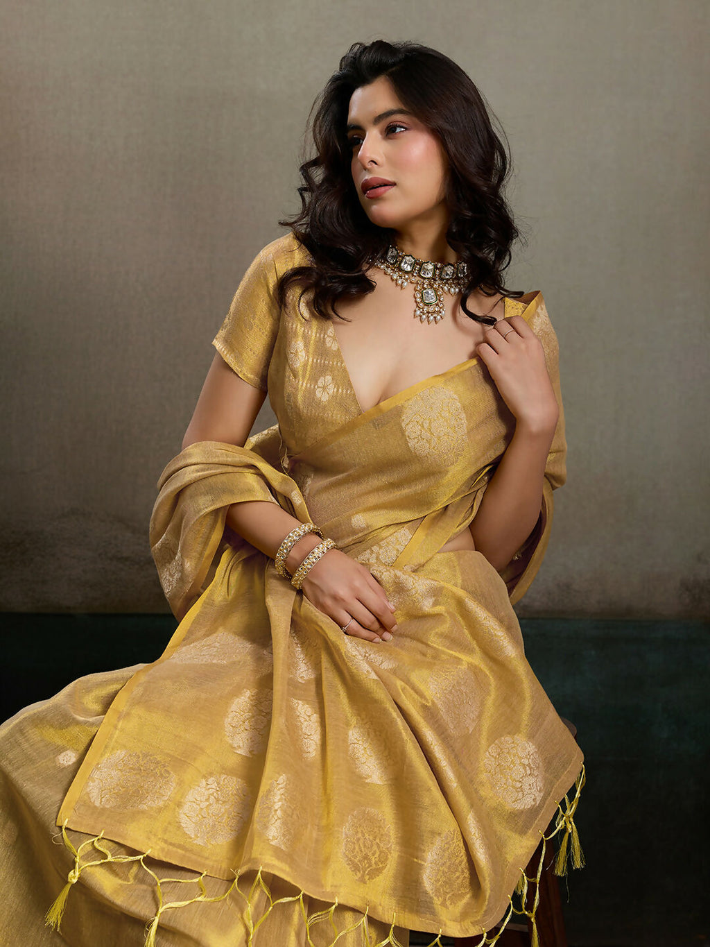 Beige Tissue Silk Saree with Matching Blouse Elegant Draping