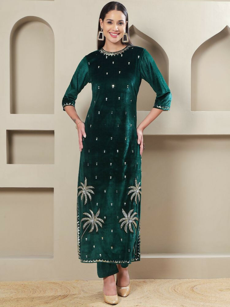 Women's Green Velvet Hand Embellishment Stitched Kurta Pant Set