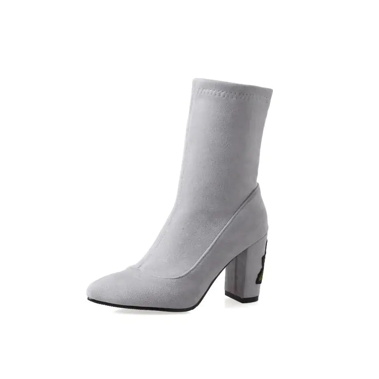 Women's Gray Embroidered Ankle Boots with Chunky Block Heels - Image 21