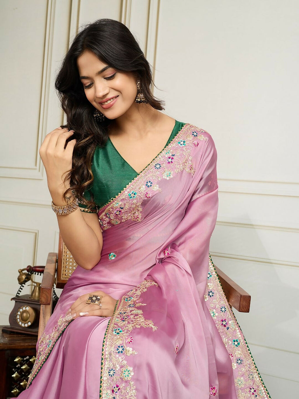 Pink Rangoli Silk Embroidery Party Wear Saree