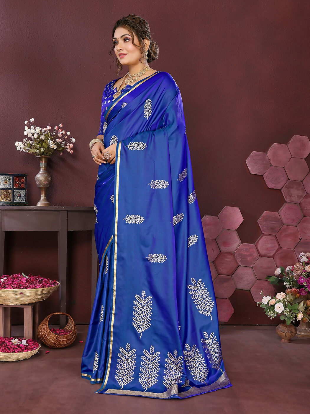 Royal Blue Floral Motifs Banarasi Satin Silk Saree