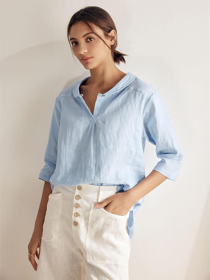 Jade Linen V-Neck Half Sleeve Top