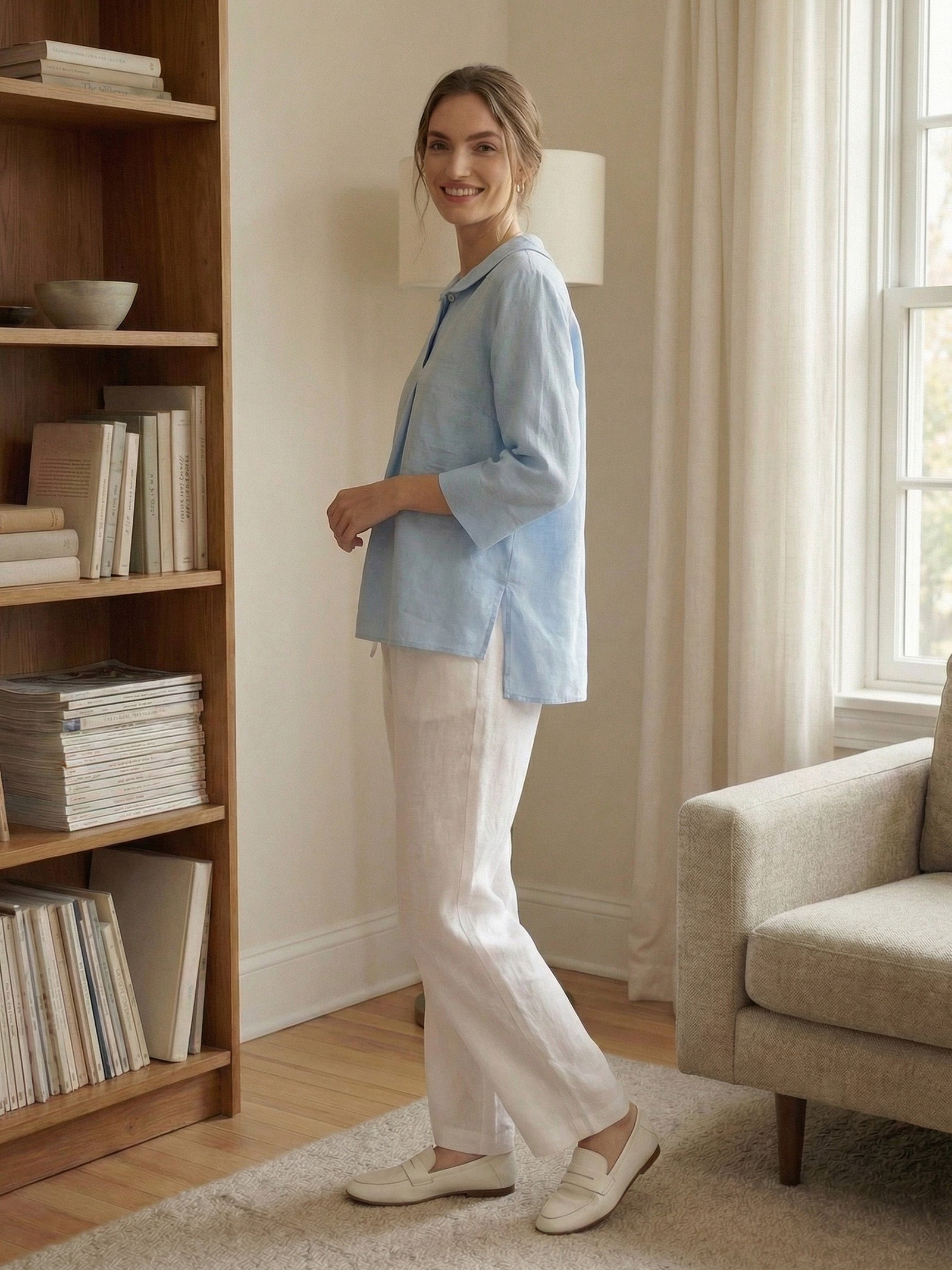 Jade Linen V-Neck Half Sleeve Top