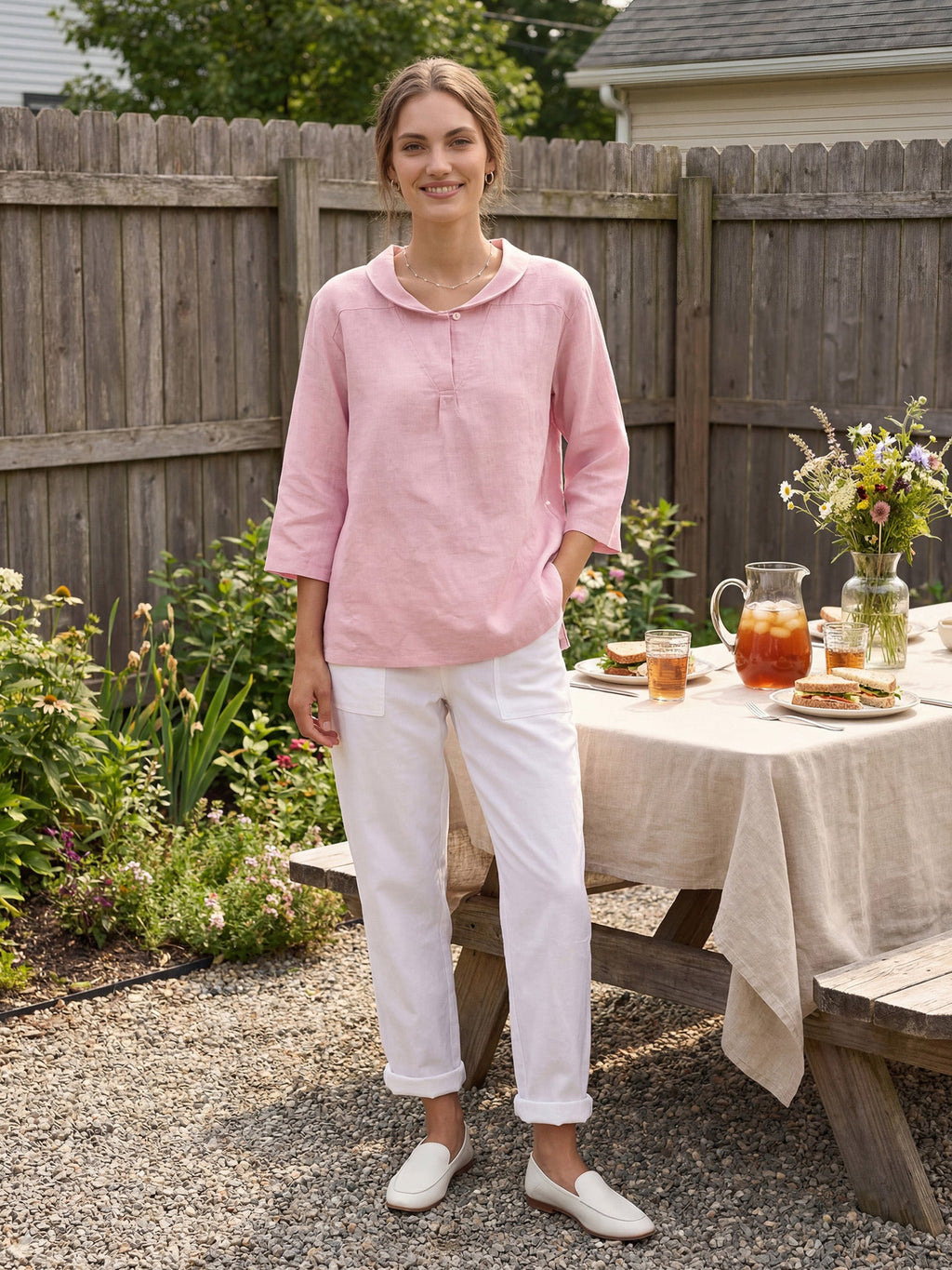 Jade Linen V-Neck Half Sleeve Top