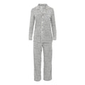 A woman wearing a soft heathered mist grey long-sleeved collared button-up pajama set with relaxed fit pants.