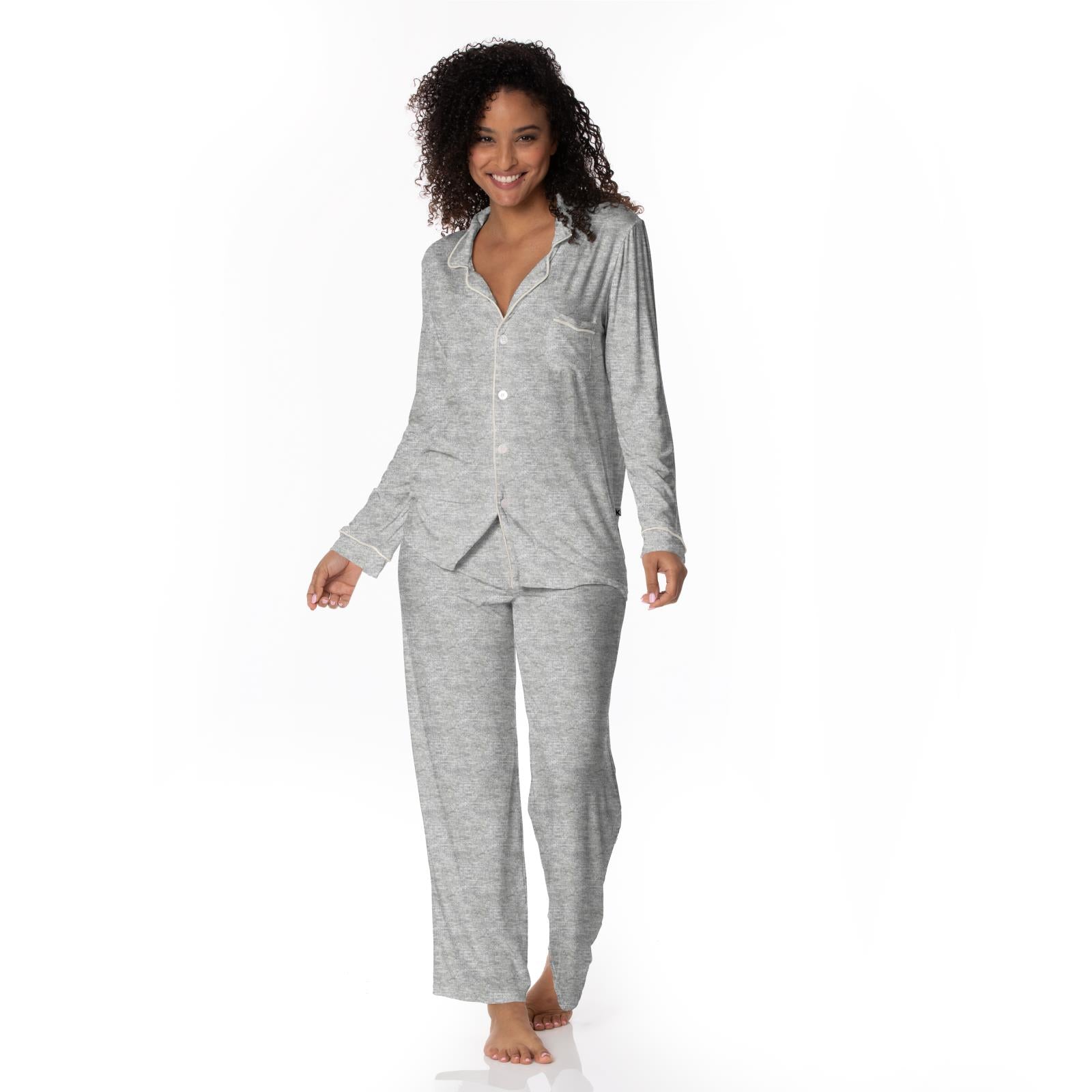 Women's Long Sleeve Collared Pajama Set in Heathered Mist - Image 2