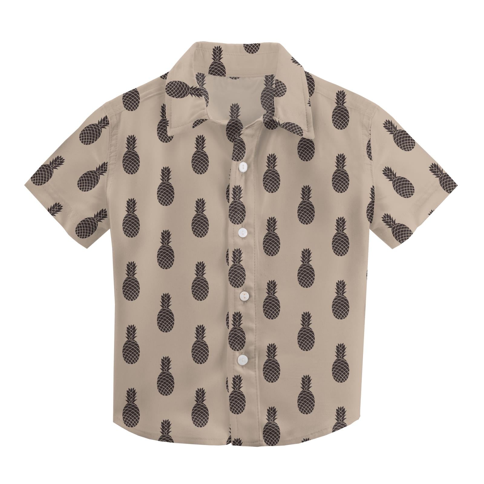 Print Short Sleeve Woven Button Down Shirt in Burlap Pineapples