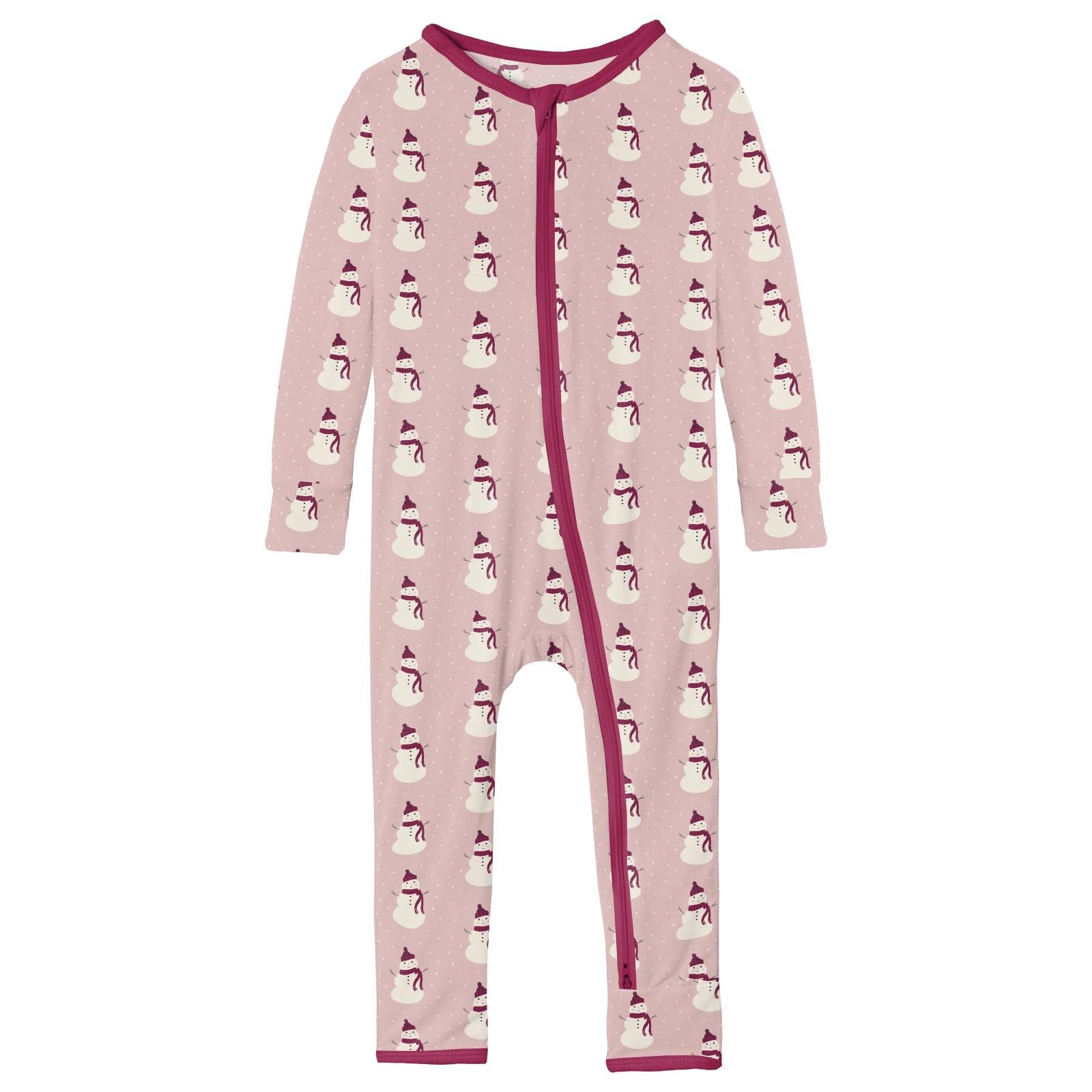 Print Coverall with 2 Way Zipper in Baby Rose Tiny Snowman
