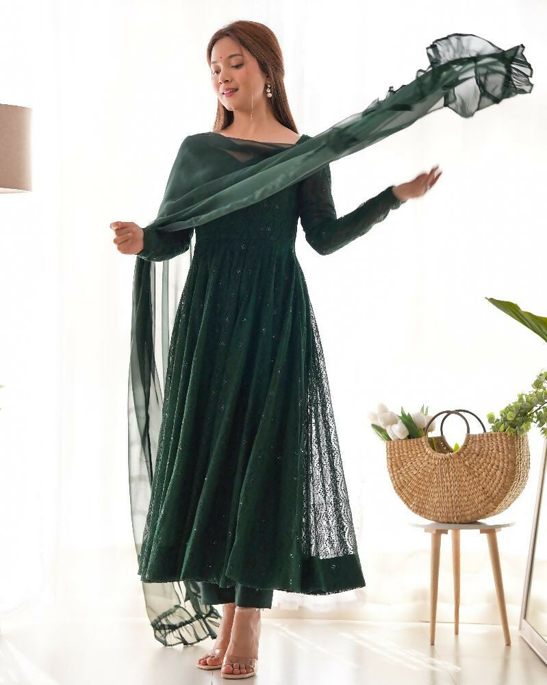 Green Georgette Kurta Set with Sequence Embroidery Work