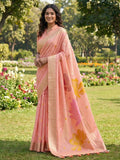 A graceful peach linen cotton saree with a matching blouse piece displayed in a studio setting.